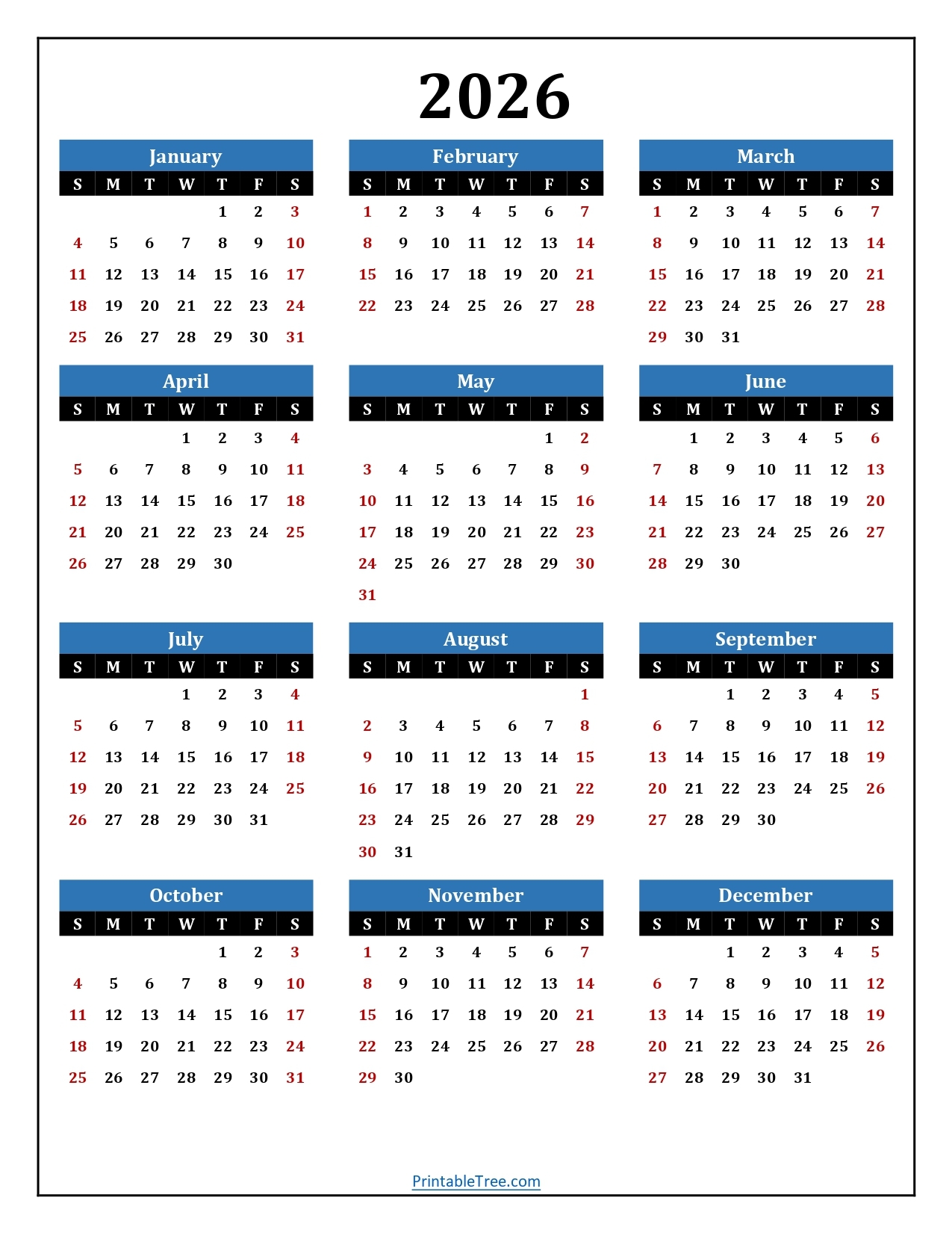 Printable Calendar 2026 One Page With Holidays Single Page 2026 