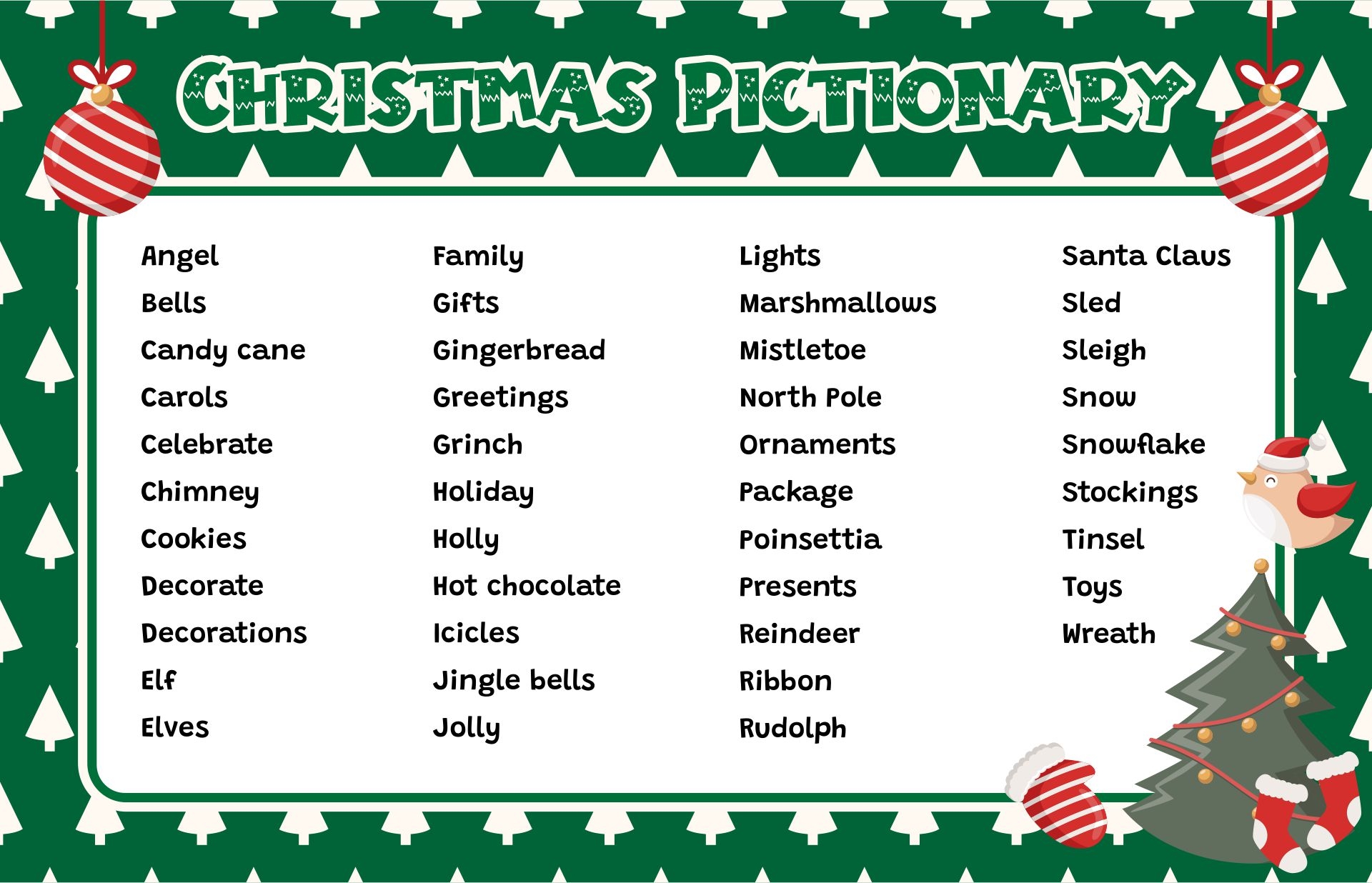 Free Printable Christmas Pictionary Word List