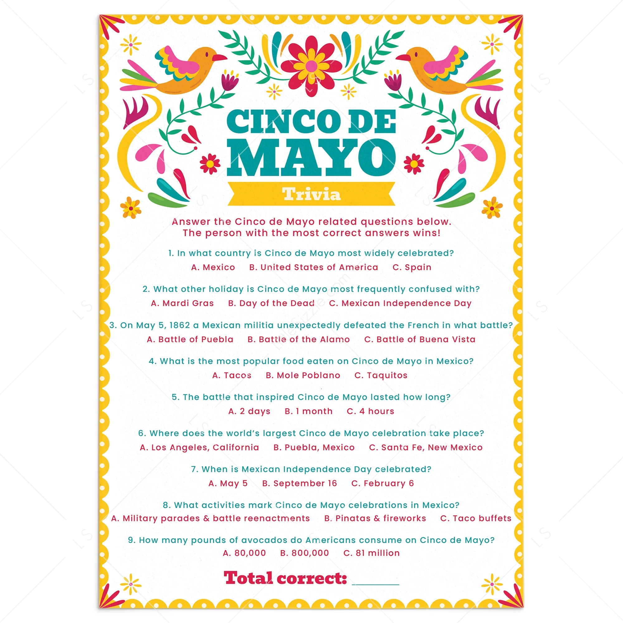 Printable Cinco De Mayo Trivia Game With Answer Key Printable Cinco De Mayo Trivia Game With Answer Key