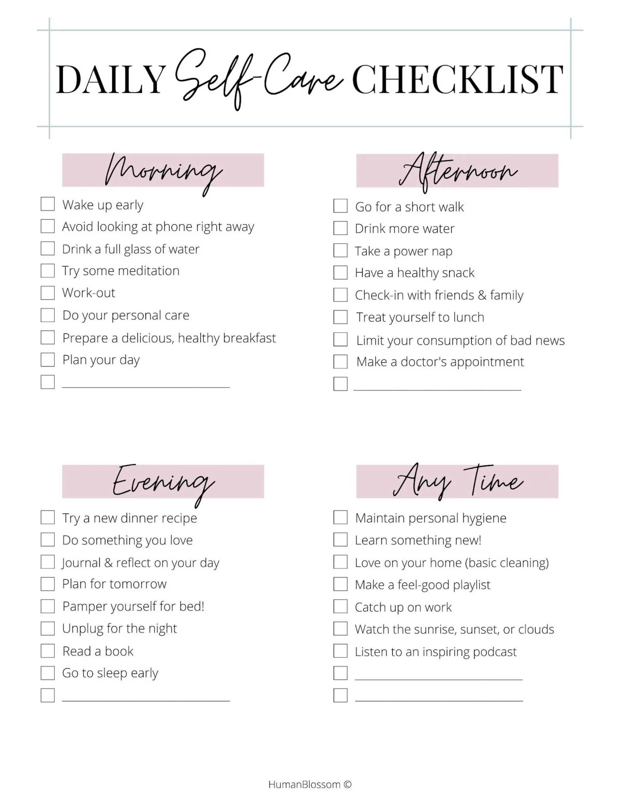Printable Daily Self care Checklist Digital Download Etsy