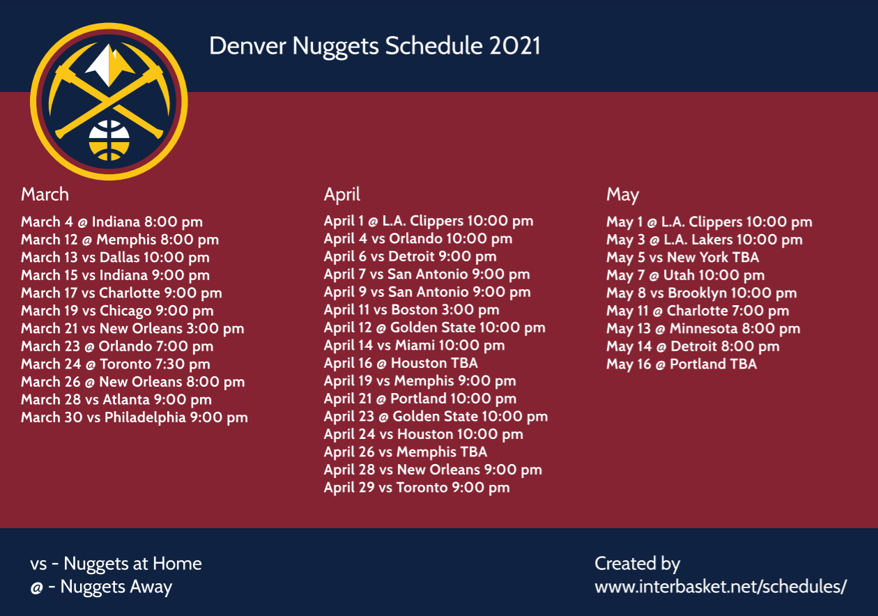 Printable Denver Nuggets Schedule TV Schedule For 2020 21 Season 