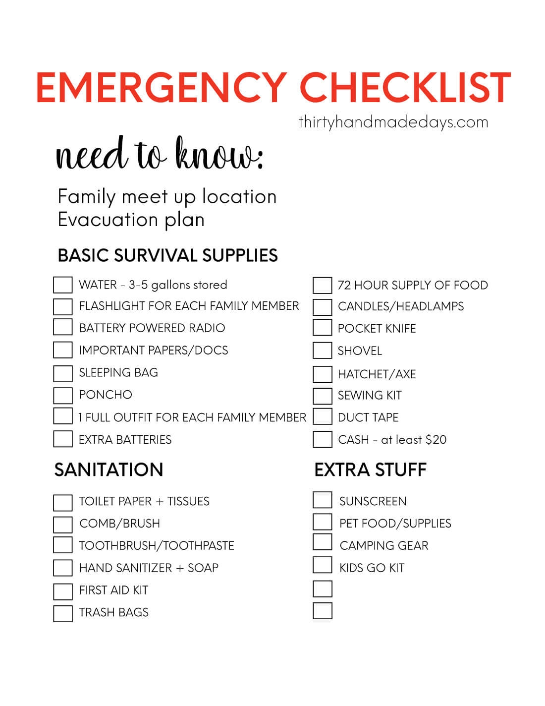 72 Hour Kit List Printable