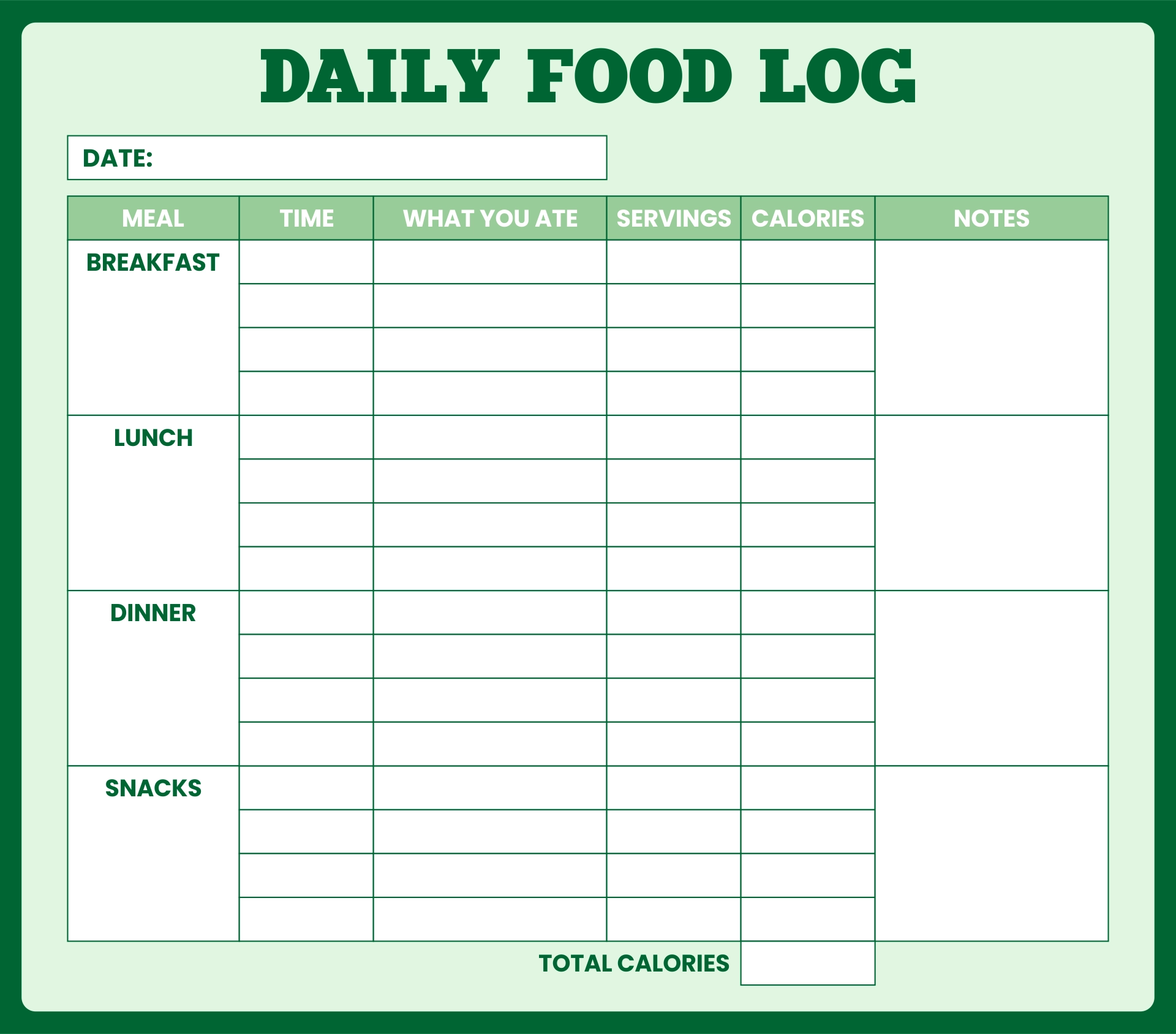 Nutrician Value Log Sheet Free Printable