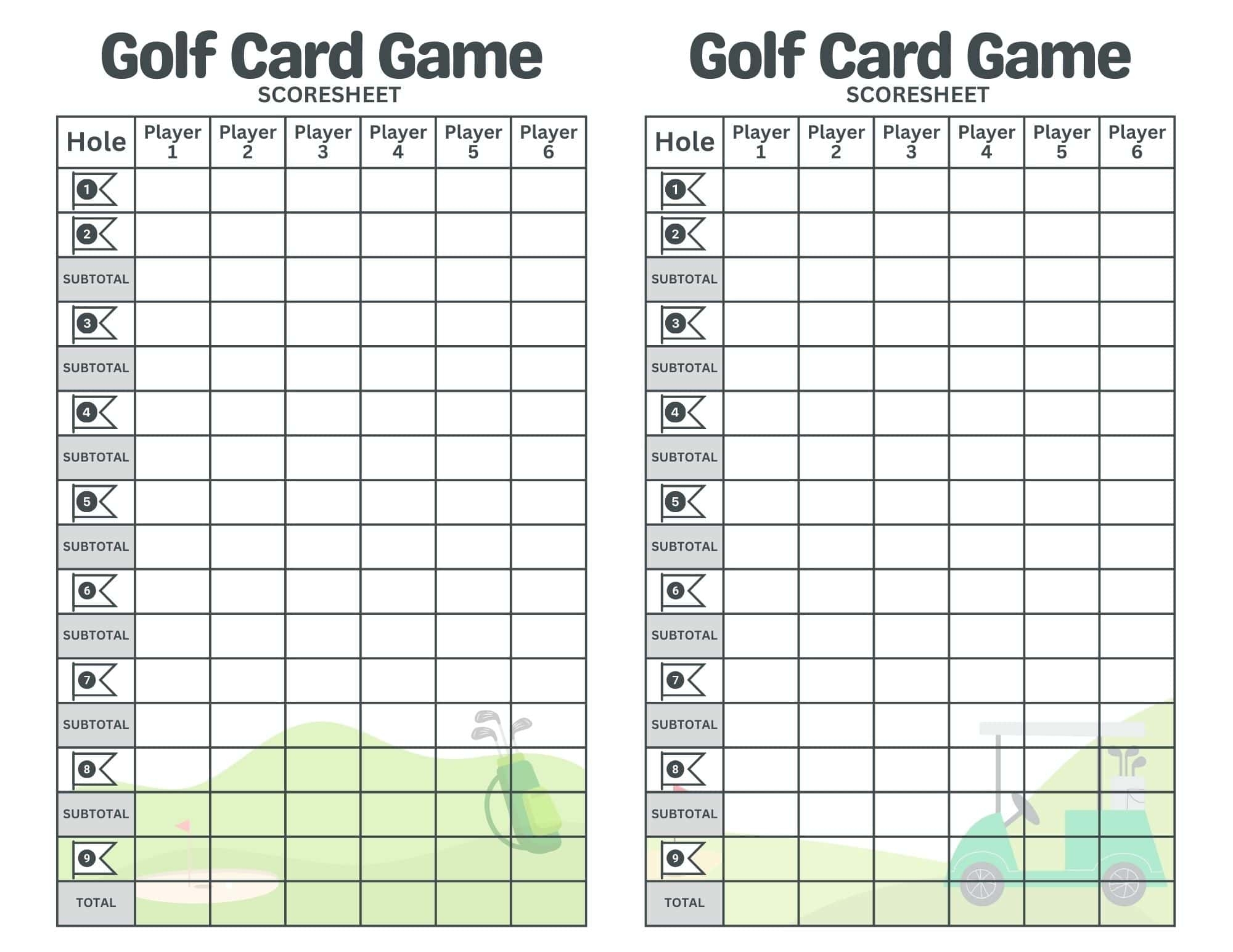 Printable Golf Card Game Scoresheet FREE PDF Scorecards 