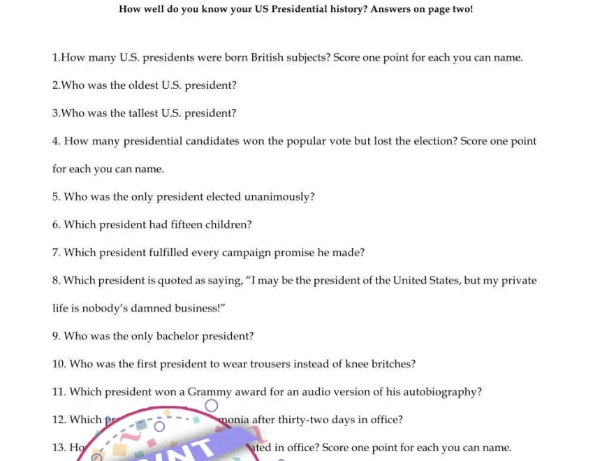 Printable Independence Day Presidential Trivia Party Game Print