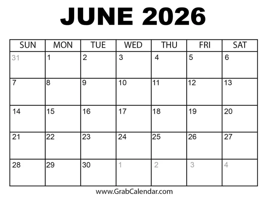 Printable June 2026 Calendar