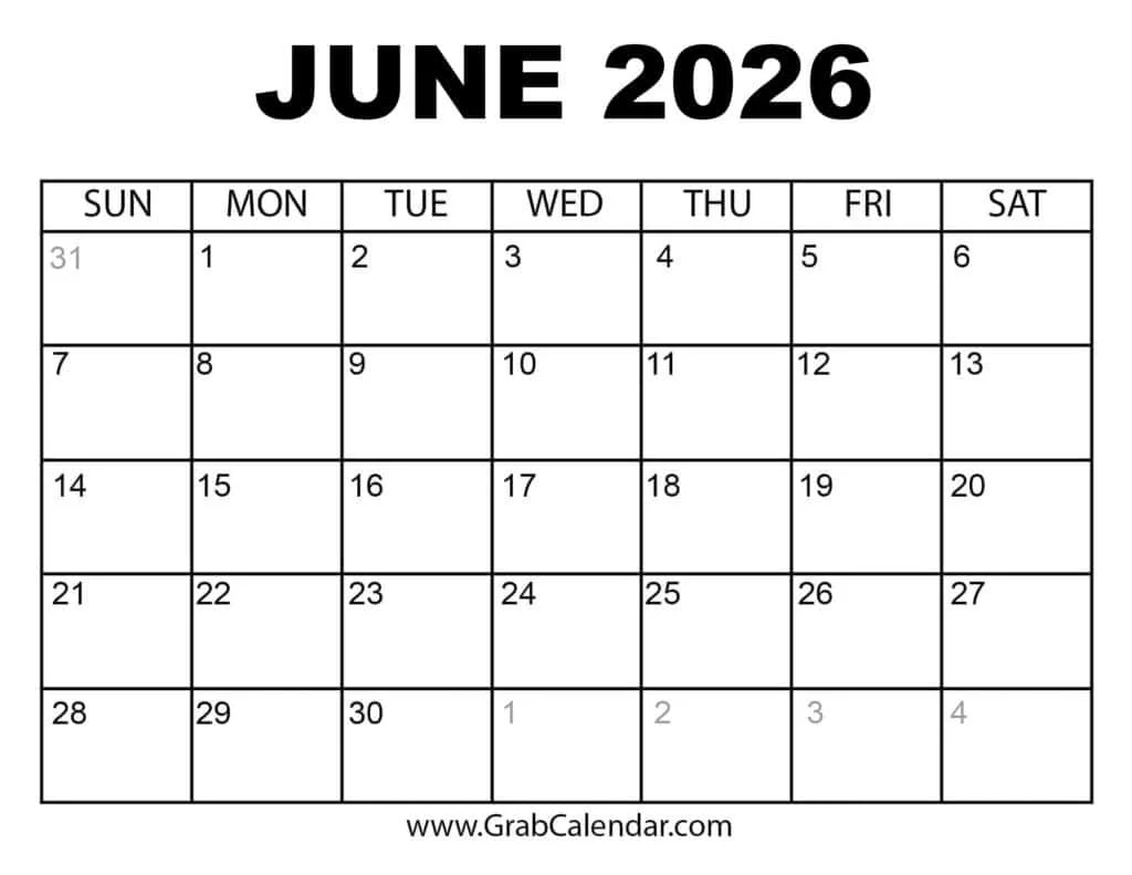 Printable June 2026 Calendar Printable June 2026 Calendar