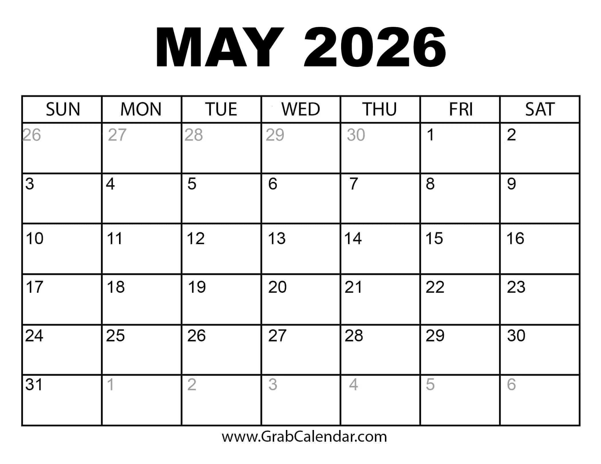 Printable May 2026 Calendar Printable May 2026 Calendar