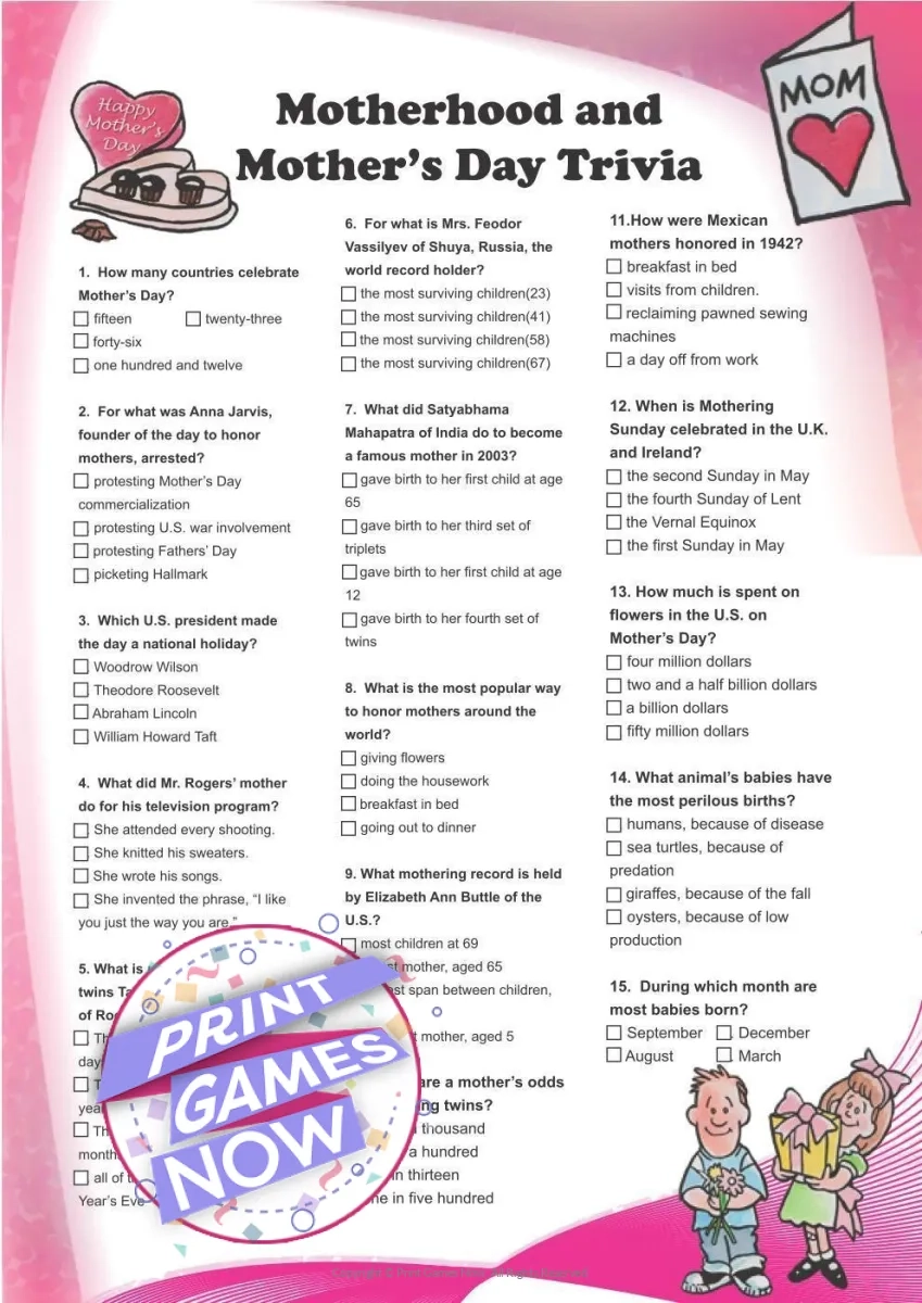 Mothers Day Trivia Printable Mothers Day Trivia Printable