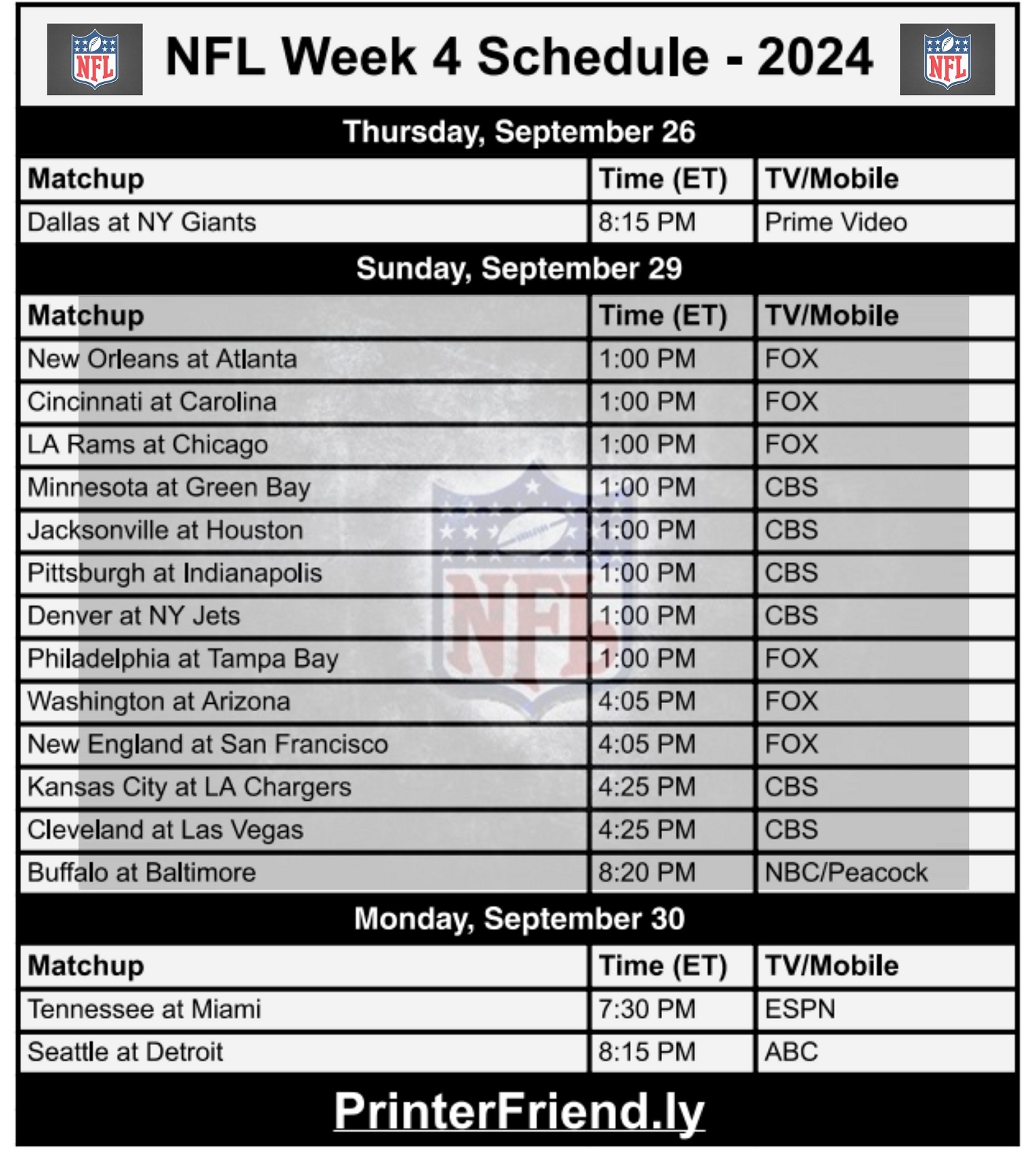 Printable NFL Week 4 Schedule TV Broadcasts And Matchups Printable NFL Week 4 Schedule TV Broadcasts And Matchups