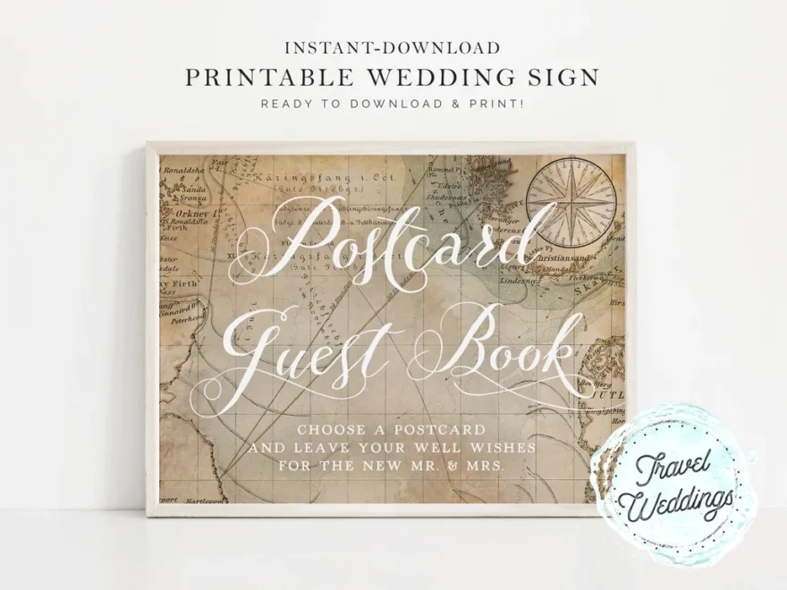 Printable Postcard Guest Book Guestbook Wedding Sign Vintage Map Travel Theme Instant Download Etsy de