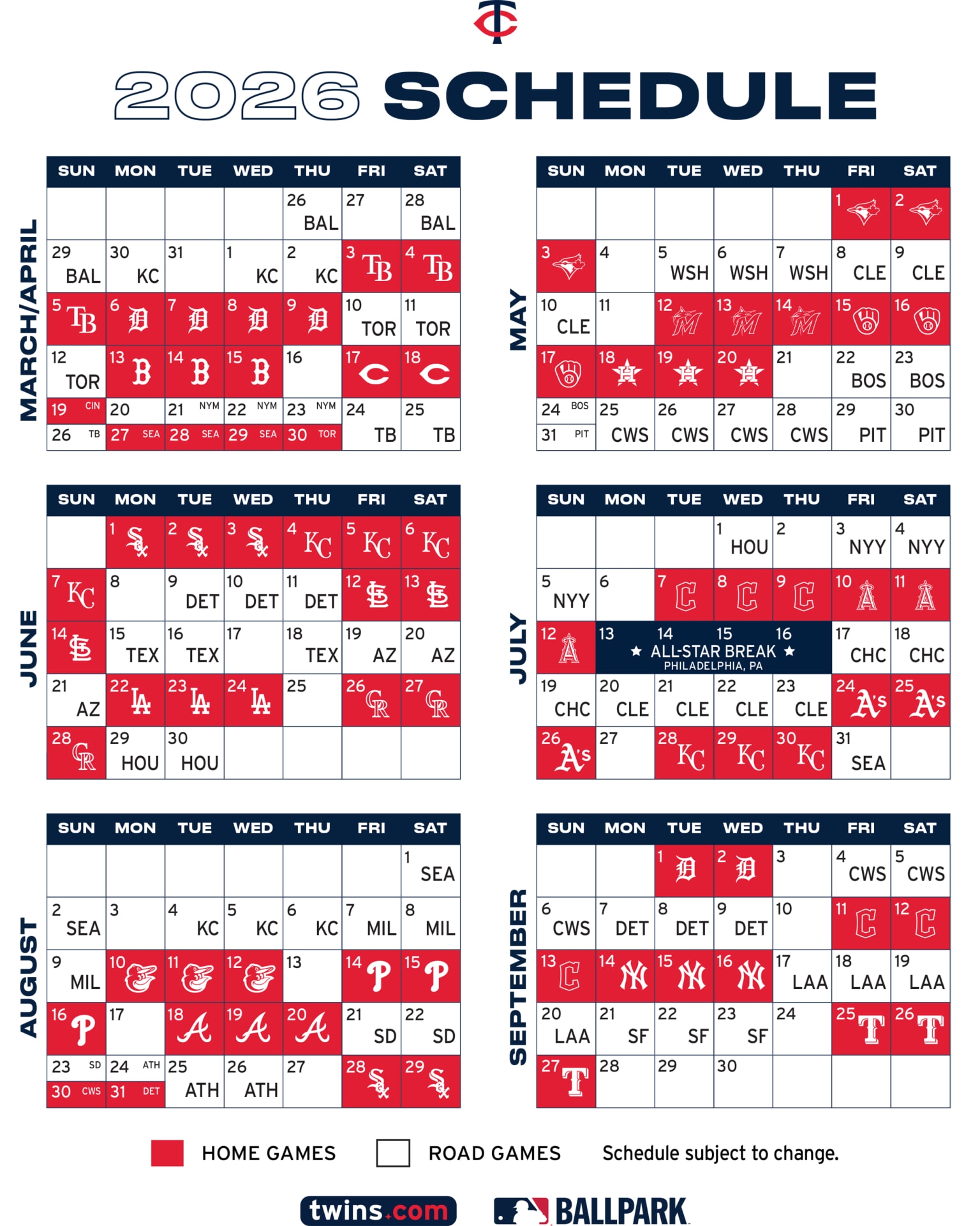 Twins Printable 2026 Schedule