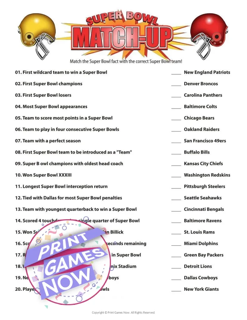 Printable Super Bowl History Trivia Party Game Print Games Now