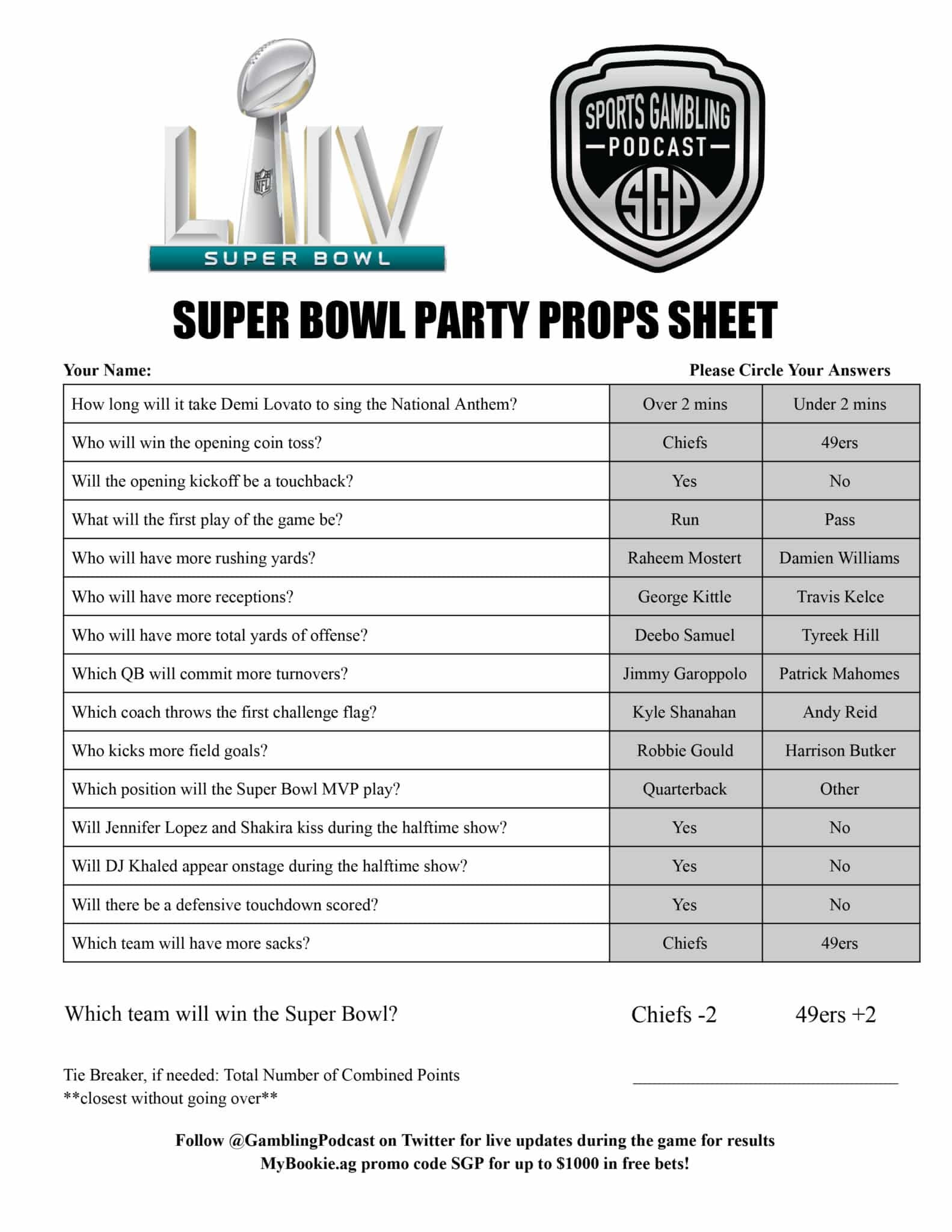 Super Bowl Prop Sheet Printable
