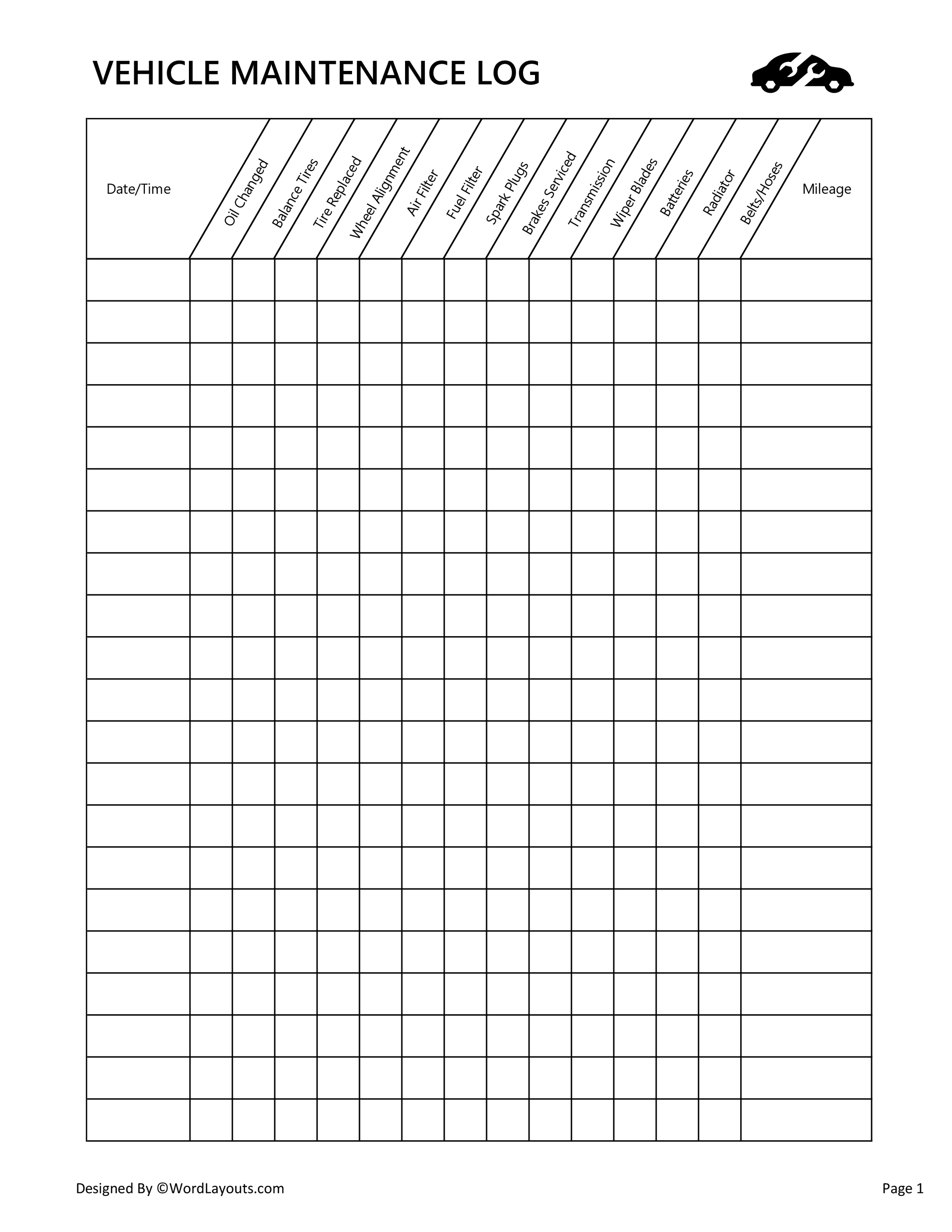 Printable Vehicle Maintenance Log Template PDF Printable Vehicle Maintenance Log Template PDF