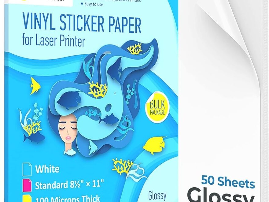 Printable Vinyl Sticker Paper For Laser Printers Gloss White 50 Self Adhesive Sheets Waterproof Sticker Paper Standard Letter Size 8 5 X 11