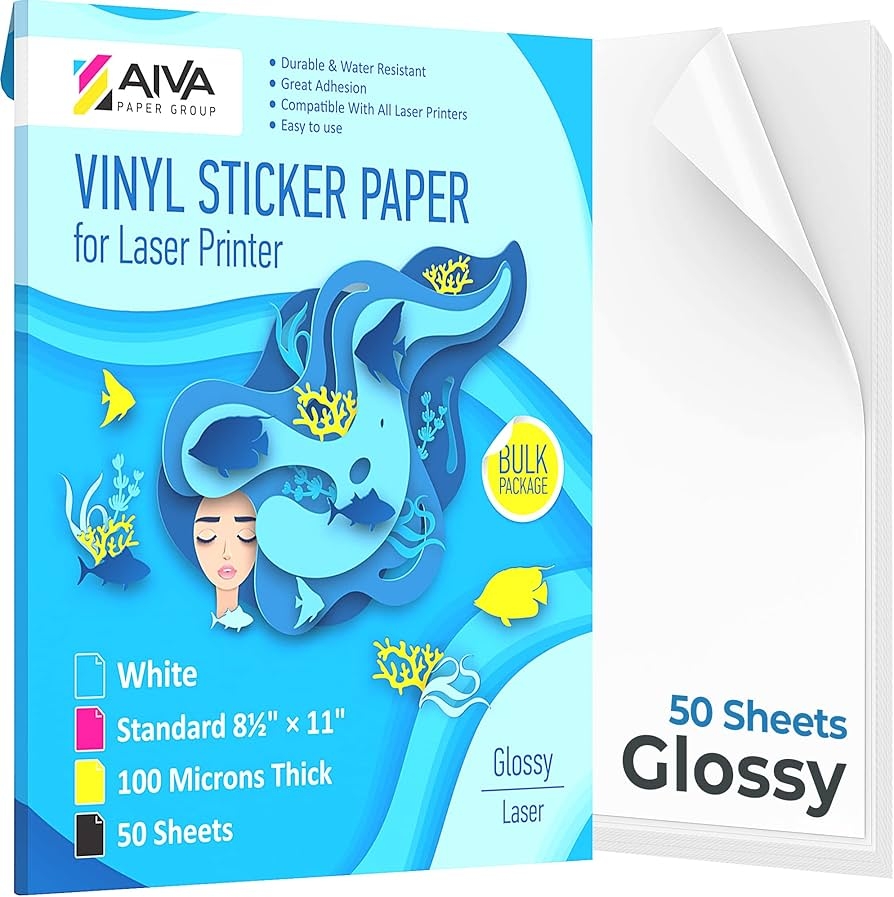 Printable Vinyl Sticker Paper For Laser Printers Gloss White 50 Self Adhesive Sheets Waterproof Sticker Paper Standard Letter Size 8 5 X 11 