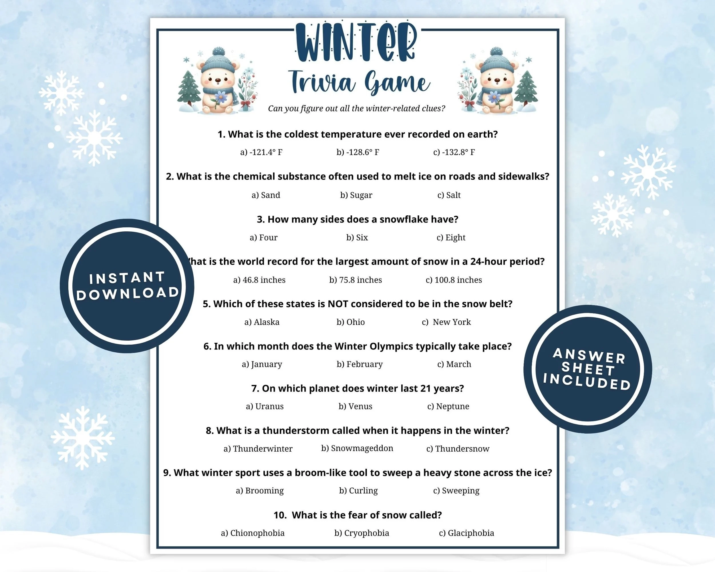 Snow Trivia Questions And Answers Printable Snow Trivia Questions And Answers Printable