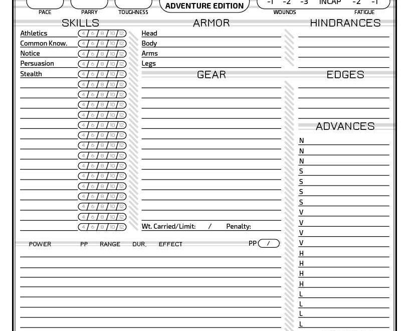Printer Friendly SWADE Character Sheet Demonskunk Studios