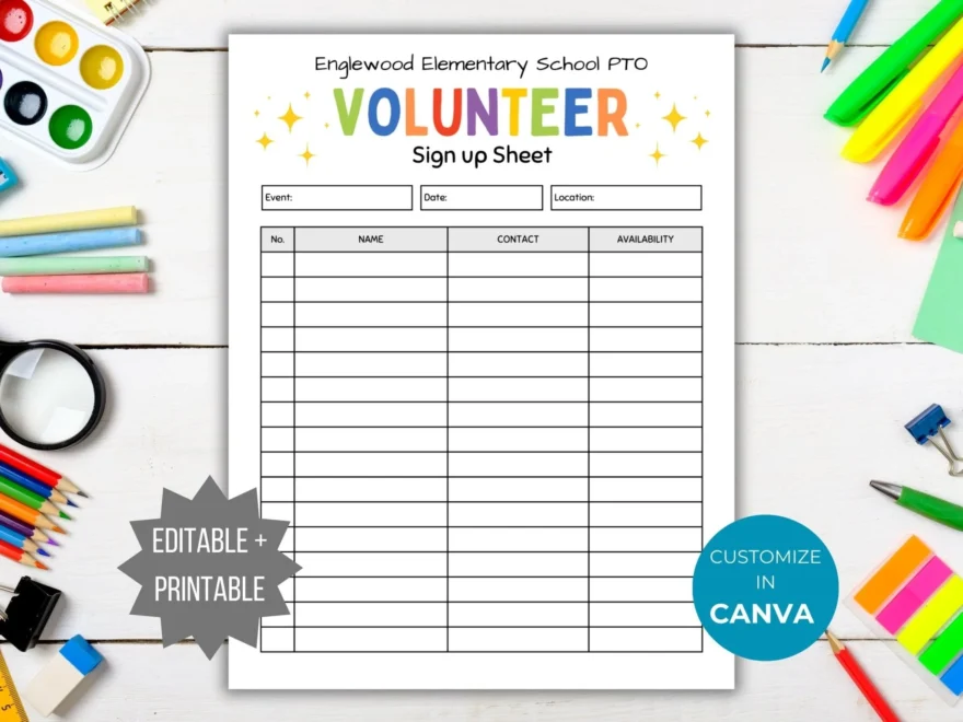 PTO Volunteer Sign Up Sheet Template PTA