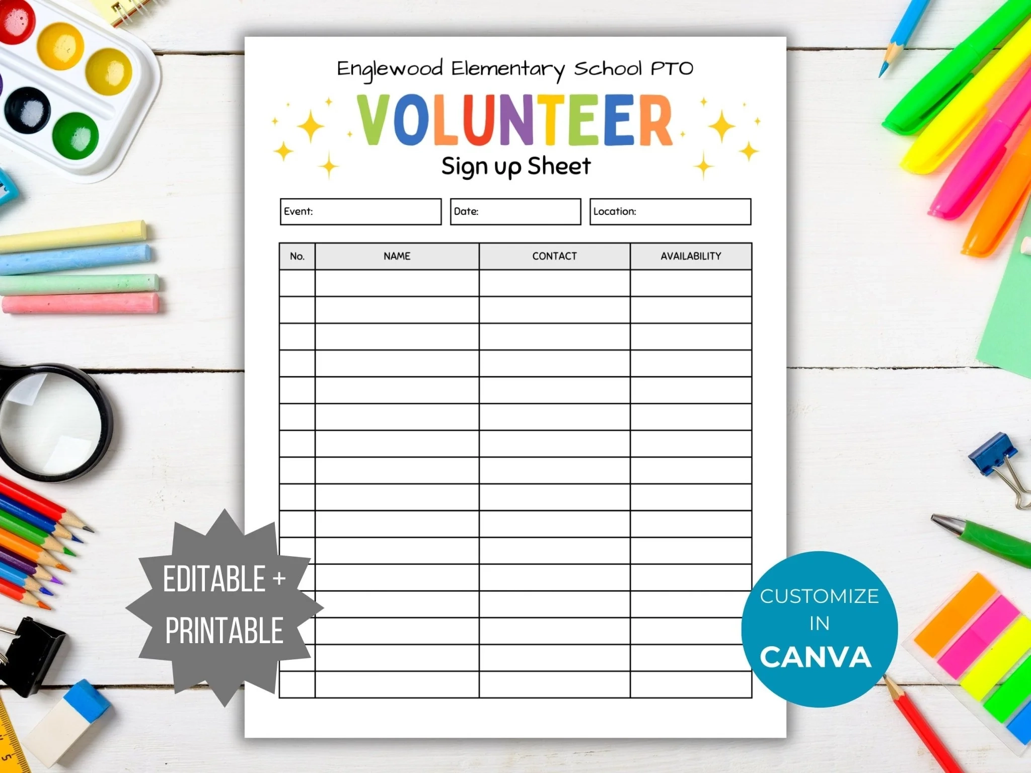 PTO Volunteer Sign Up Sheet Template PTA