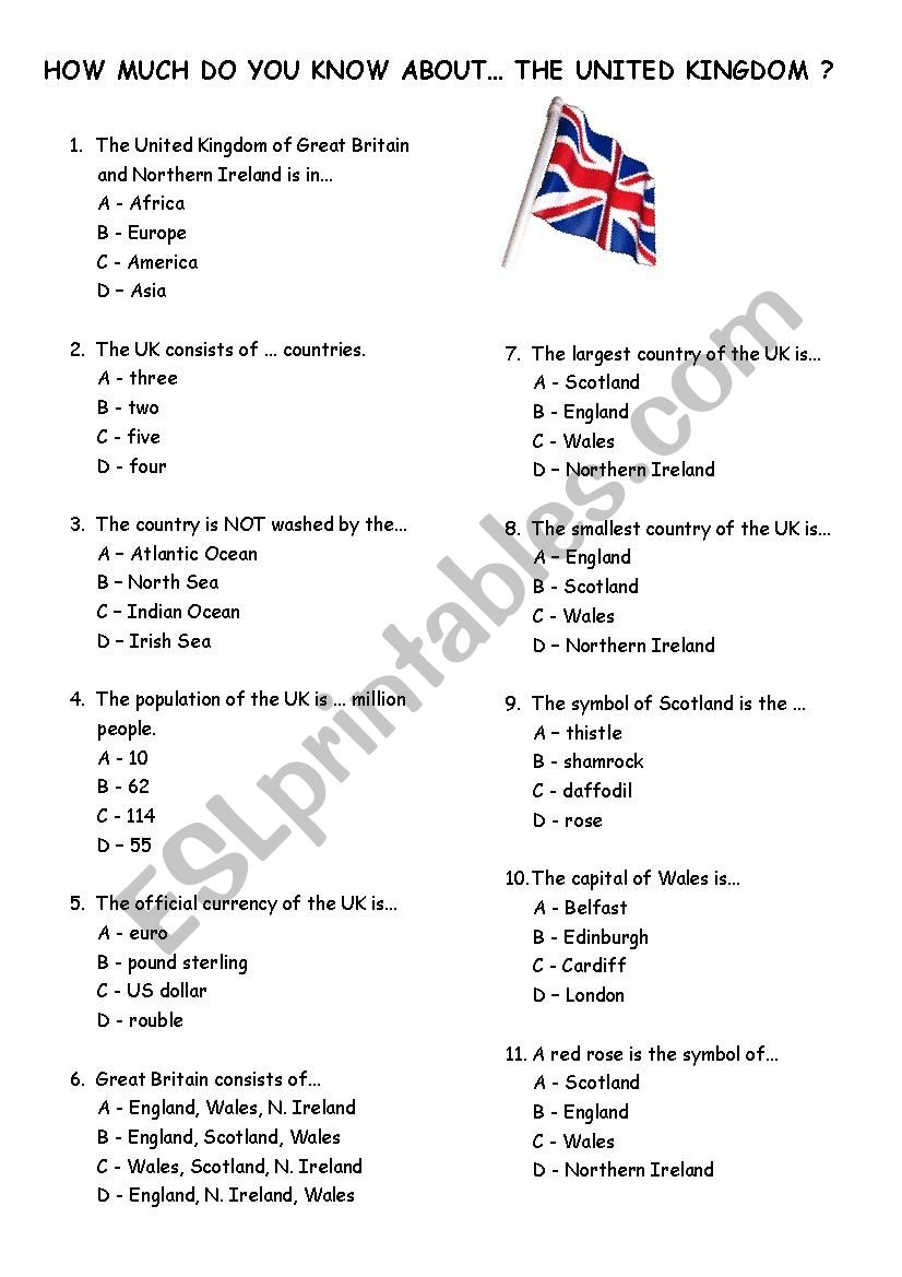 Quiz About The UK ESL Worksheet By Blackssheep Worksheets Library