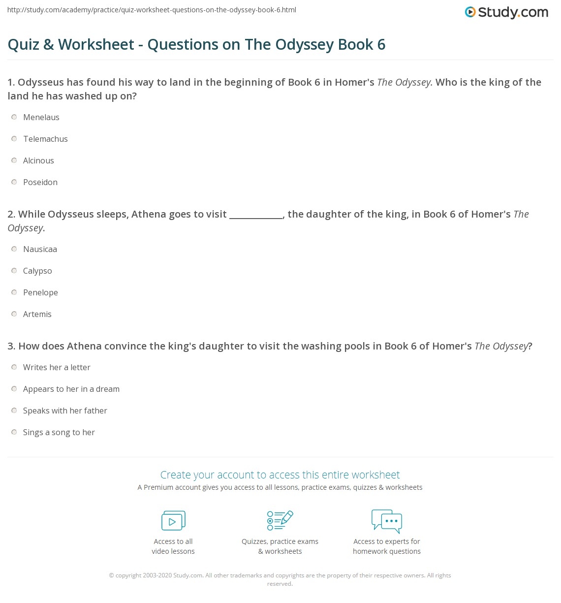 Quiz amp amp Worksheet Questions On The Odyssey Book 6 Study 