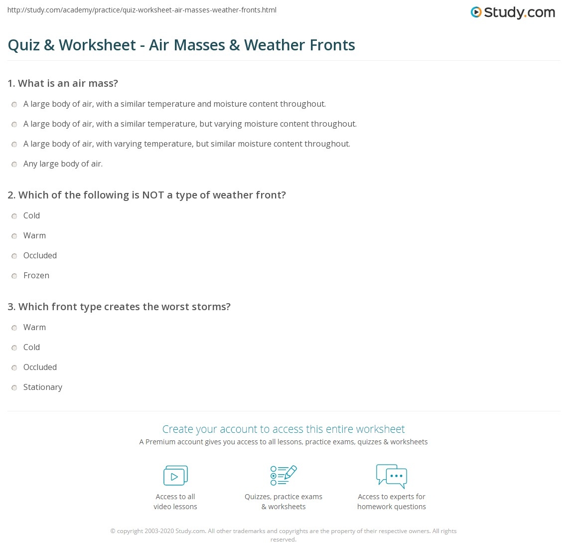 Quiz amp Worksheet Air Masses amp Weather Fronts Study