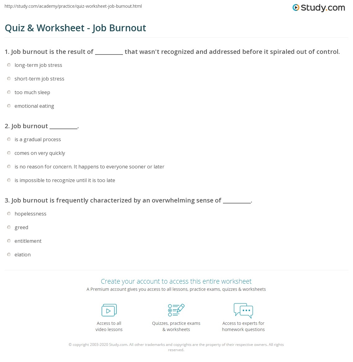 Quiz amp Worksheet Job Burnout Study