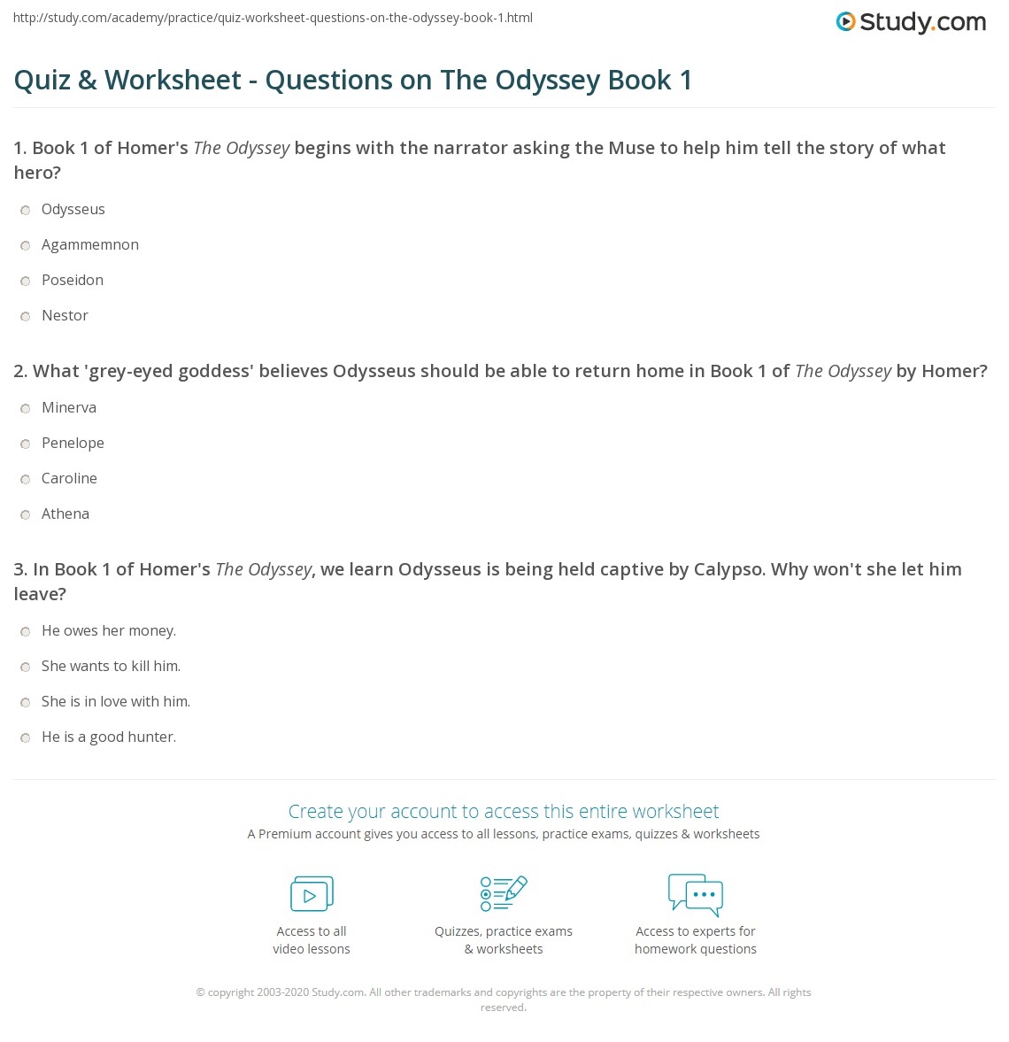 Quiz amp Worksheet Questions On The Odyssey Book 1 Study Quiz amp Worksheet Questions On The Odyssey Book 1 Study