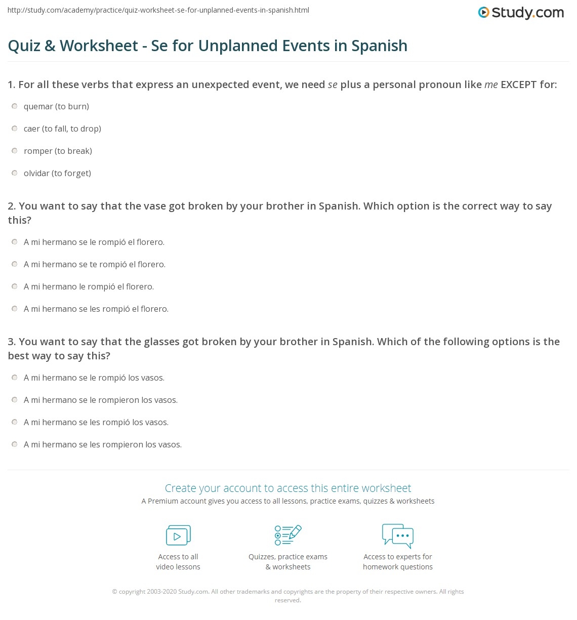 Quiz amp Worksheet Se For Unplanned Events In Spanish Study Quiz amp Worksheet Se For Unplanned Events In Spanish Study