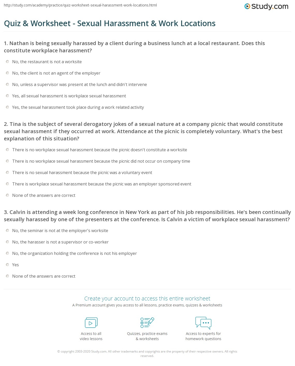 Quiz amp Worksheet Sexual Harassment amp Work Locations Study Quiz amp Worksheet Sexual Harassment amp Work Locations Study