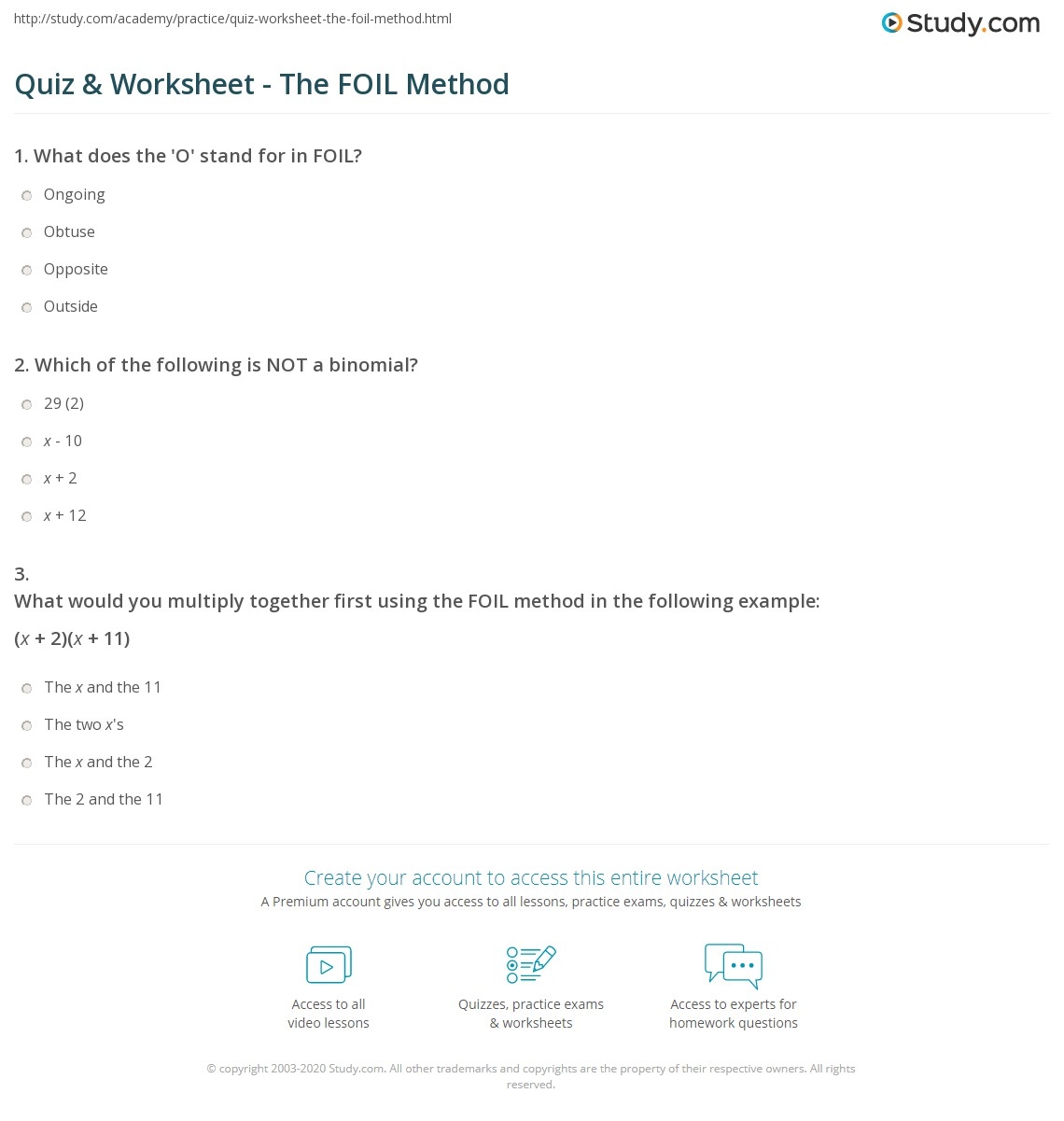 Foil Method Printable Quiz