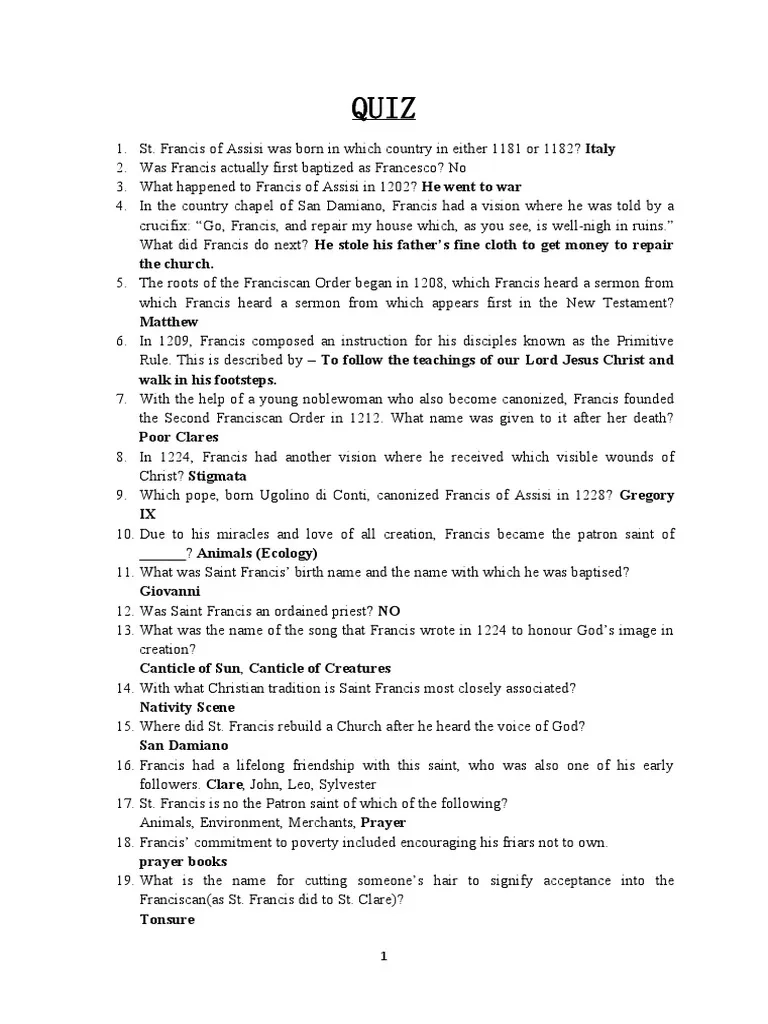 Patron Saint Printable Quiz