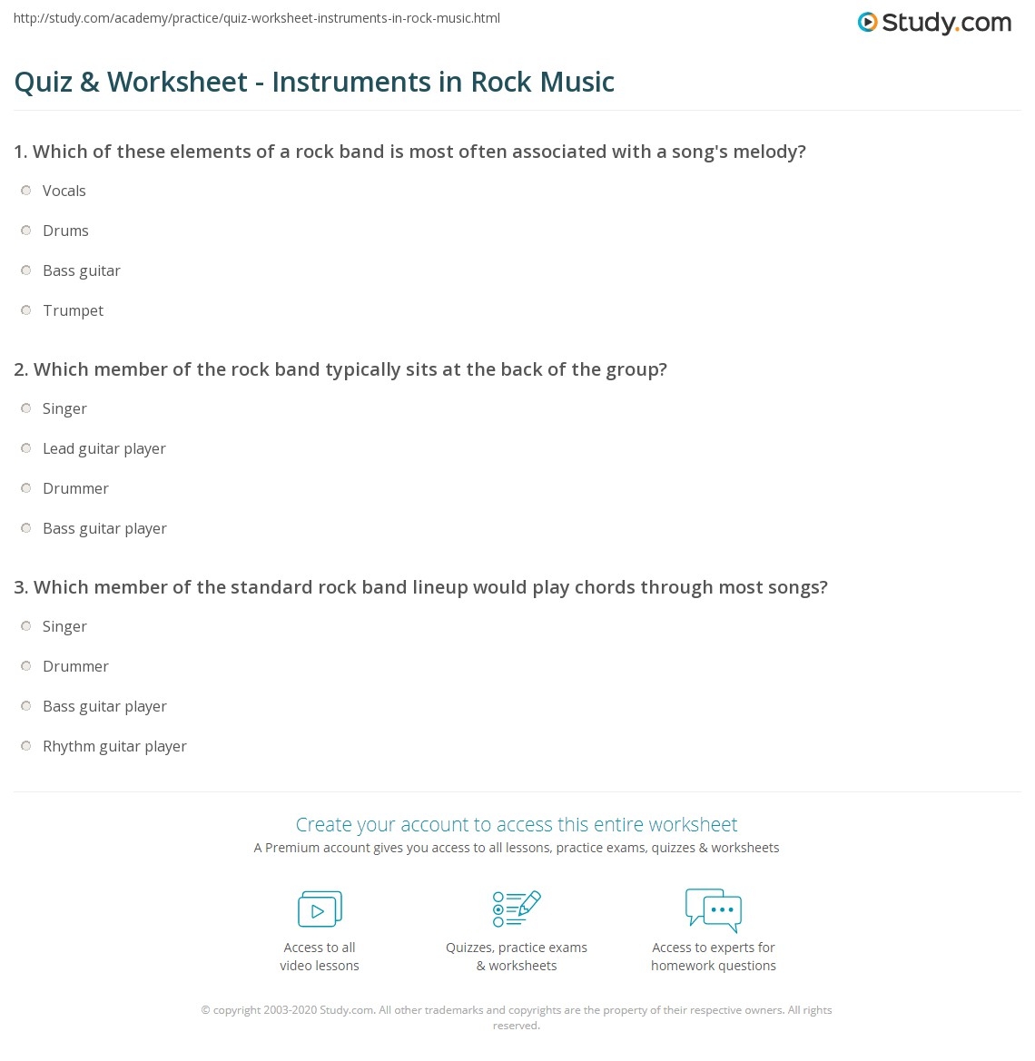 Quiz Worksheet Instruments In Rock Music Study Quiz Worksheet Instruments In Rock Music Study