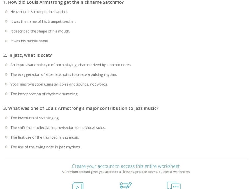 Quiz Worksheet Louis Armstrong Study