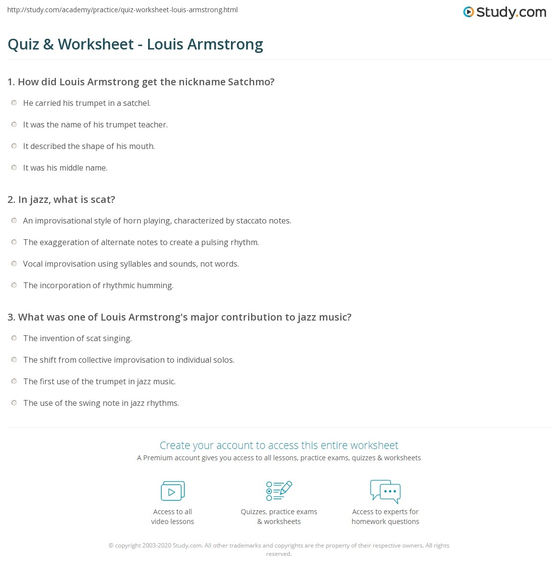 Quiz Worksheet Louis Armstrong Study