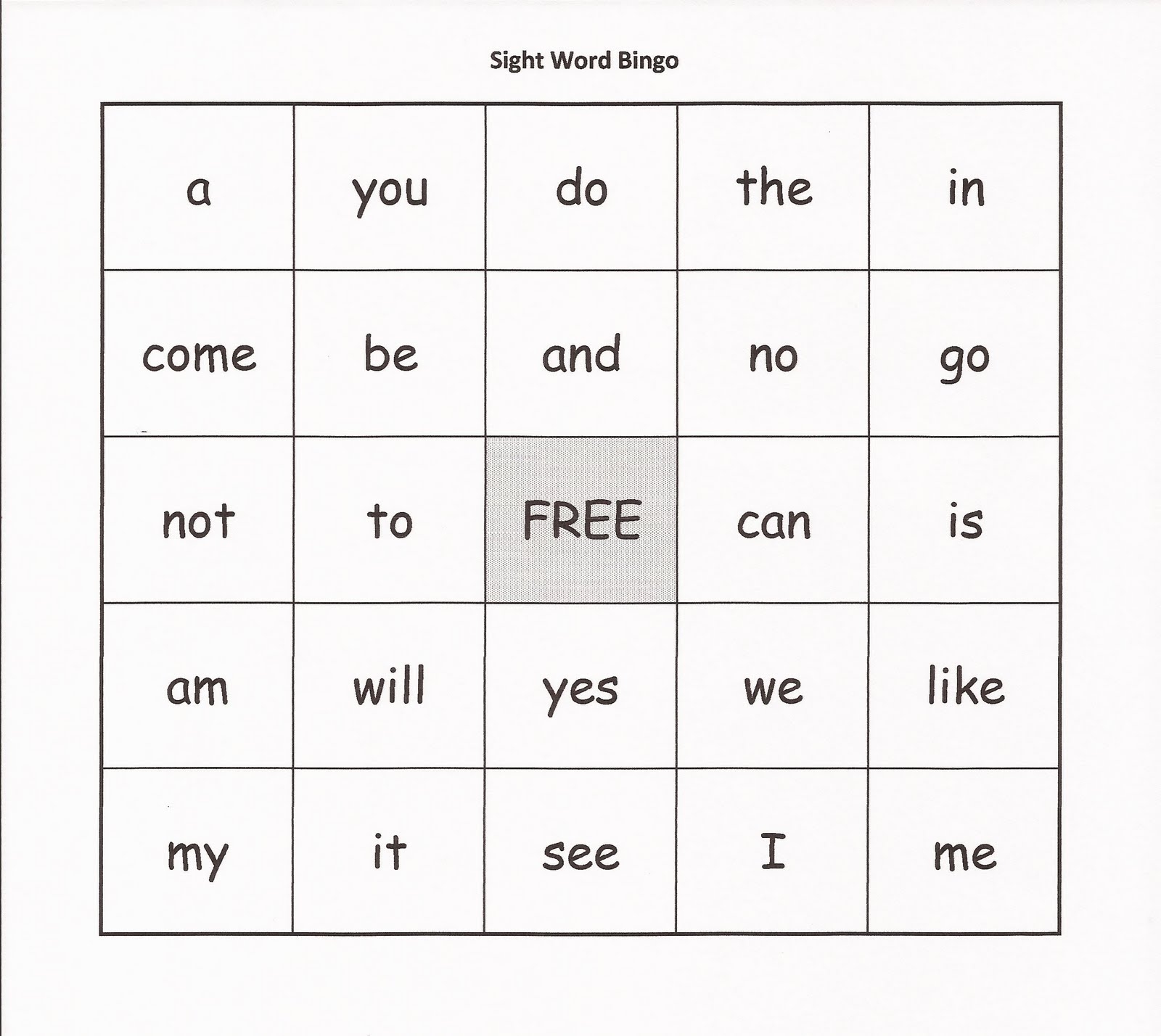Free Printable Sight Word Bingo Sheets