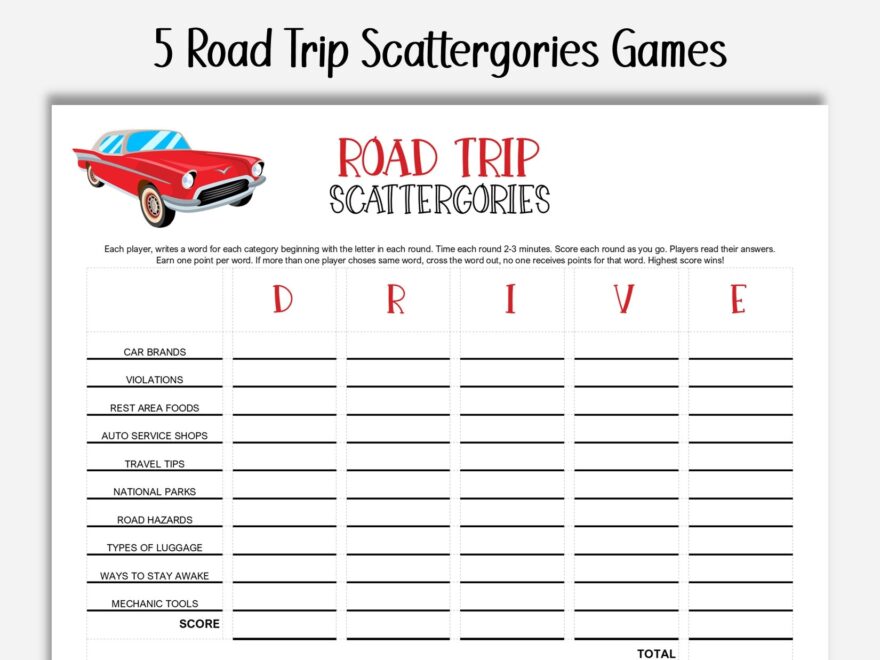 Road Trip Scattergories Adventure Pack 5 Printable Travel themed