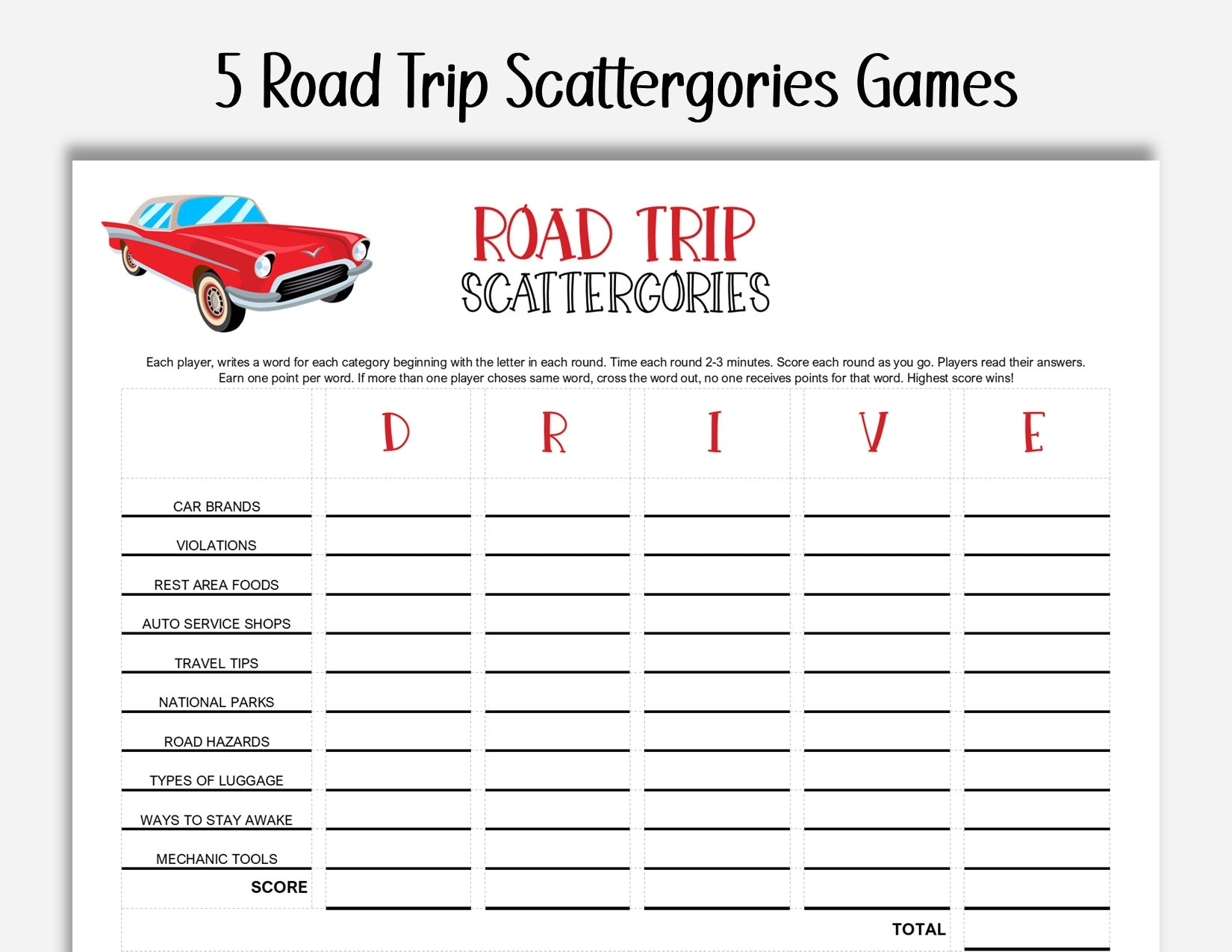 Road Trip Scattergories Adventure Pack 5 Printable Travel themed 