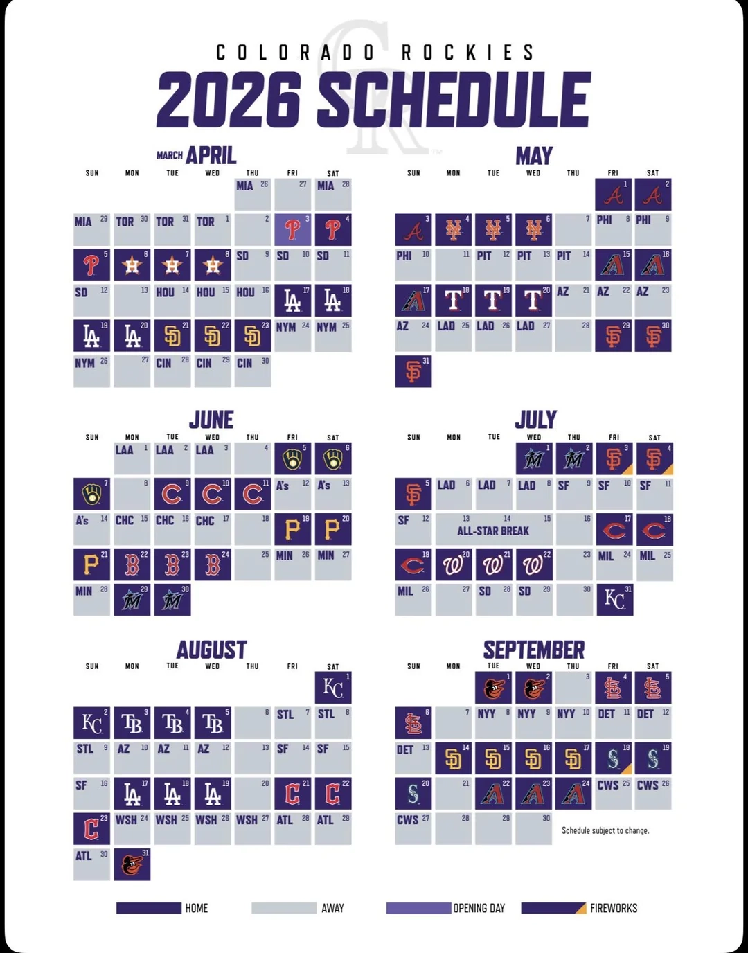 Colorado Rockies Printable Schedule 2026