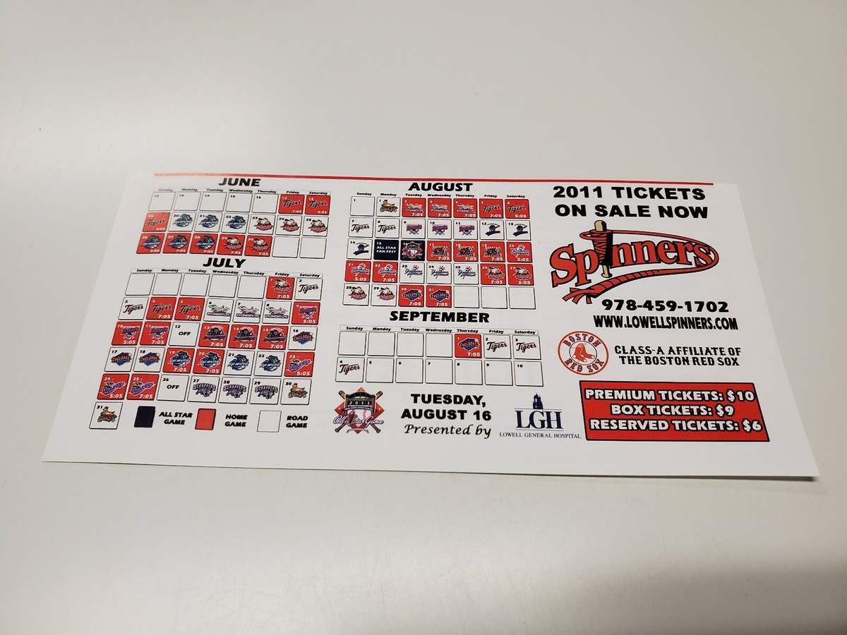 RS20 Lowell Spinners 2011 Minor Baseball Pocket Schedule Sheet 