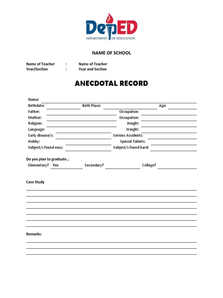 Sample Anecdotal Record Template PDF Language Arts 