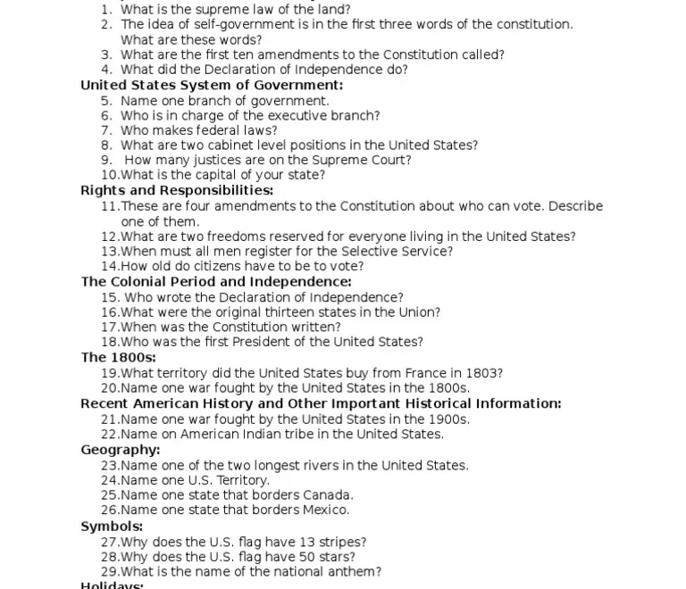 Sample Citizenship Test PDF