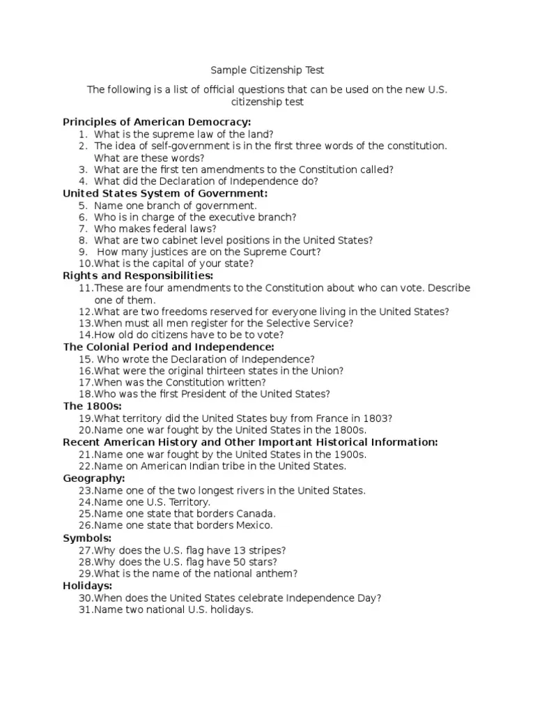 Sample Citizenship Test PDF Sample Citizenship Test PDF