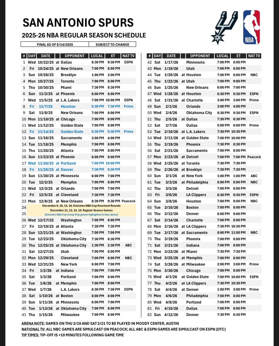 San Antonio Spurs 2025 26 Full Schedule Released San Antonio Spurs 2025 26 Full Schedule Released