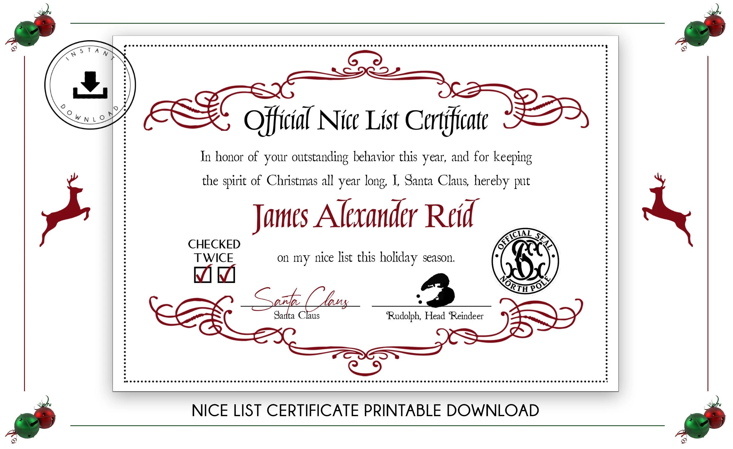 Santa s Nice List Certificate Christmas Printable digital Download Etsy