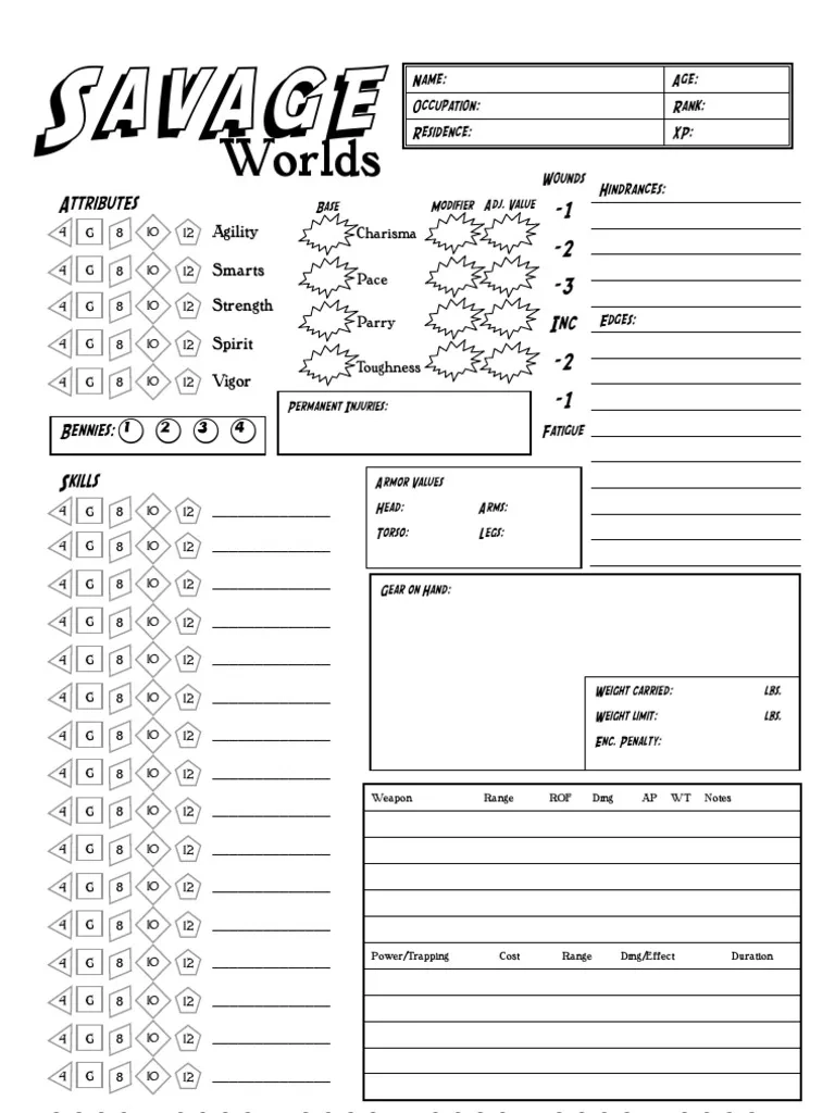 Printable Savage Worlds Character Sheet