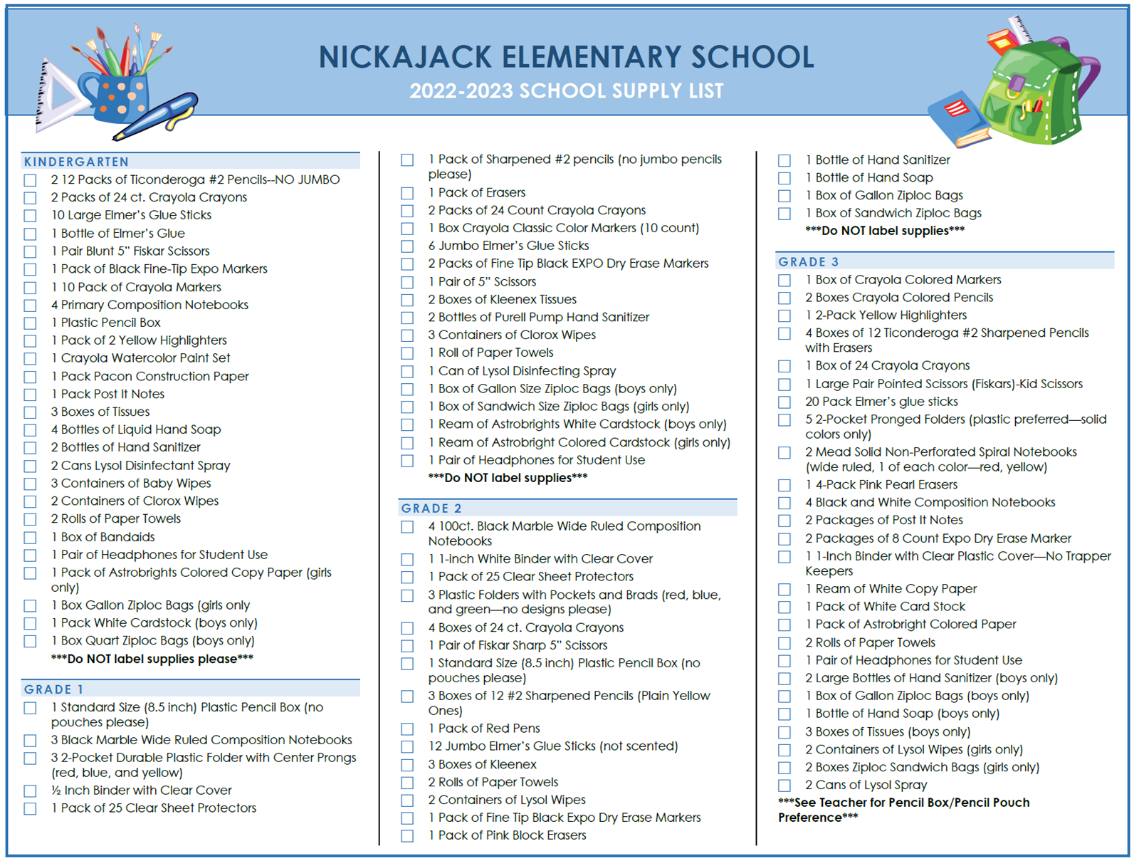 5th Grade School Supply List Printable