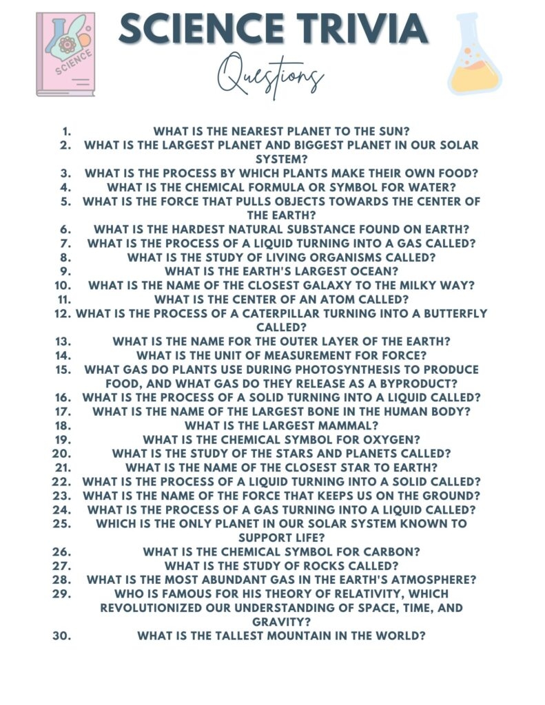 Science Trivia Questions For Kids With Printable Q And A Sheet Science Trivia Questions For Kids With Printable Q And A Sheet